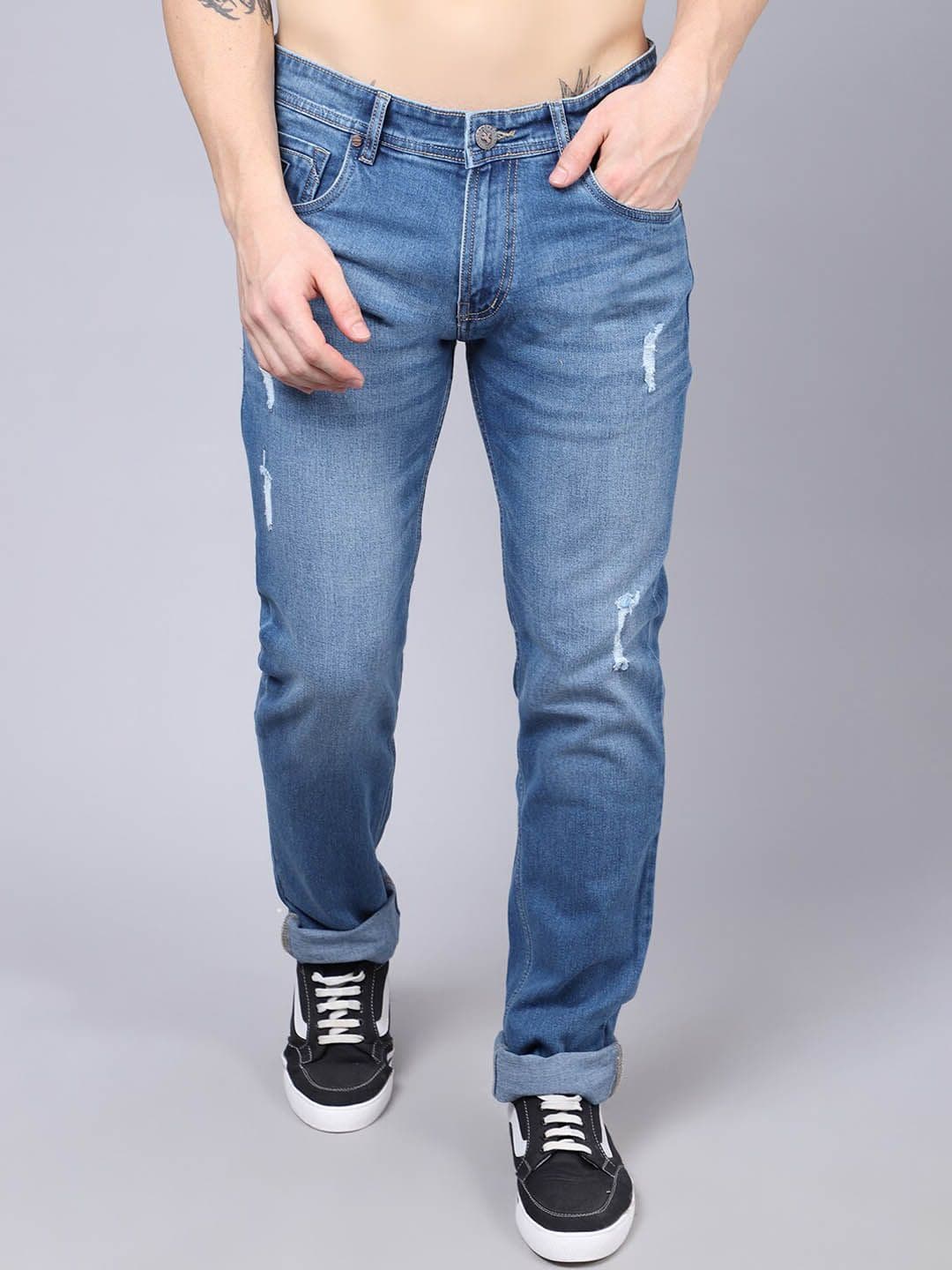 Cantabil Men Blue Mildly Distressed Light Fade Jeans - view 1