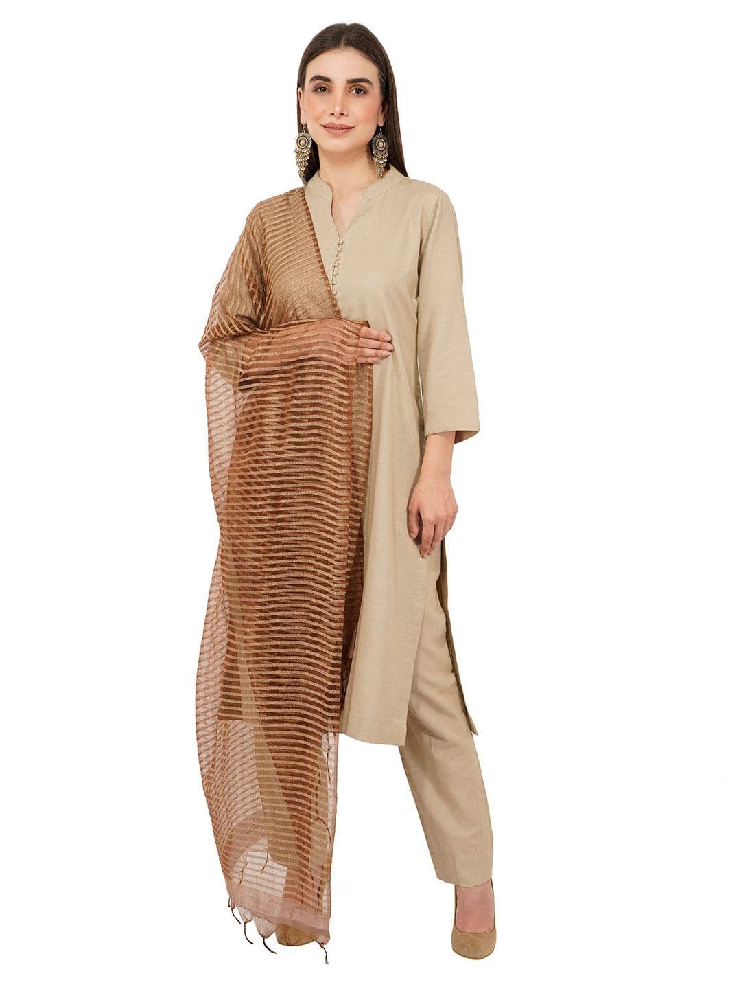 Rhe-Ana Brown Striped Art Silk Dupatta with Zari - view 1