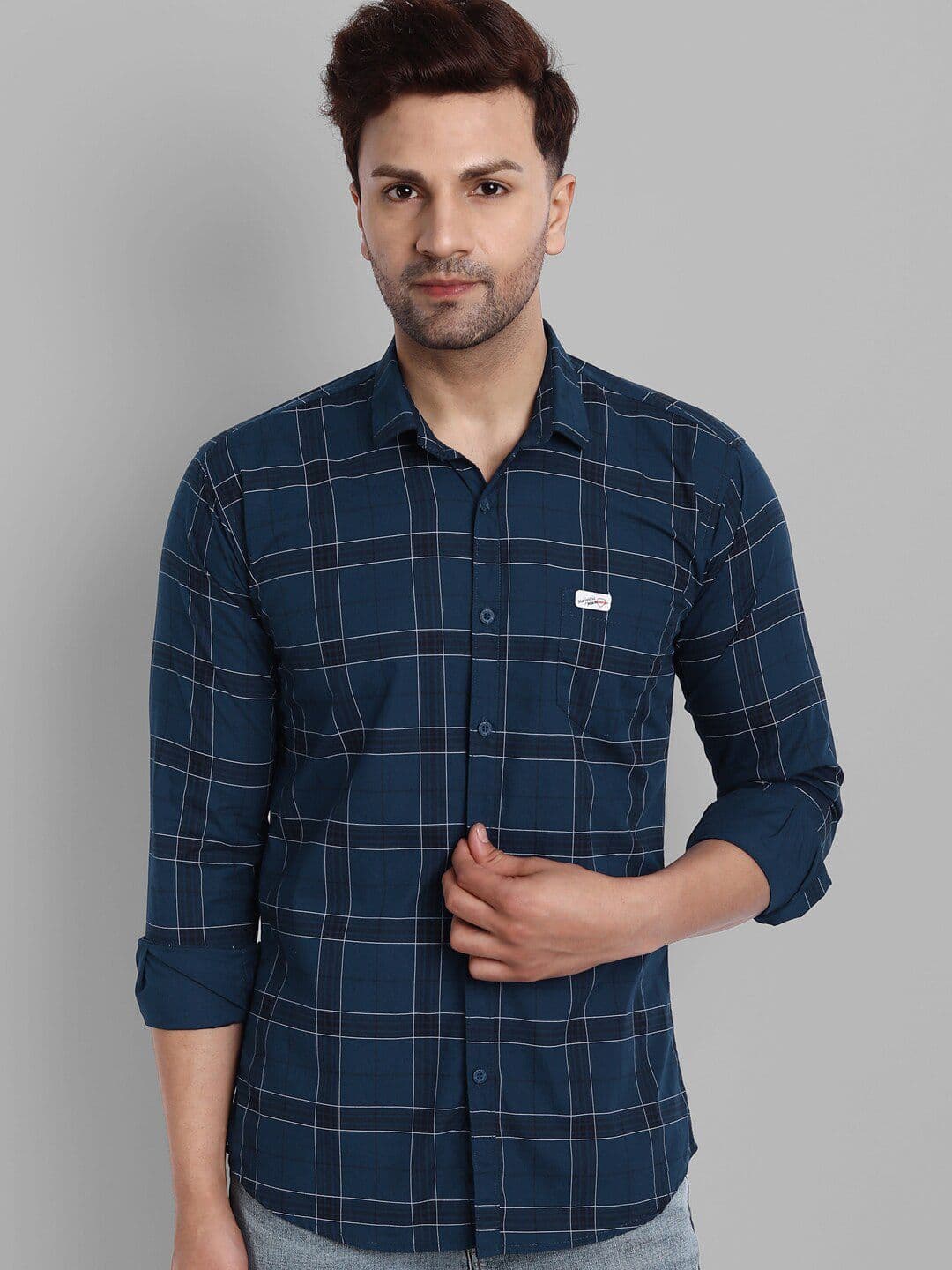 Majestic Man Men Navy Blue Slim Fit Windowpane Checks Checked Pure Cotton Casual Shirt - view 1