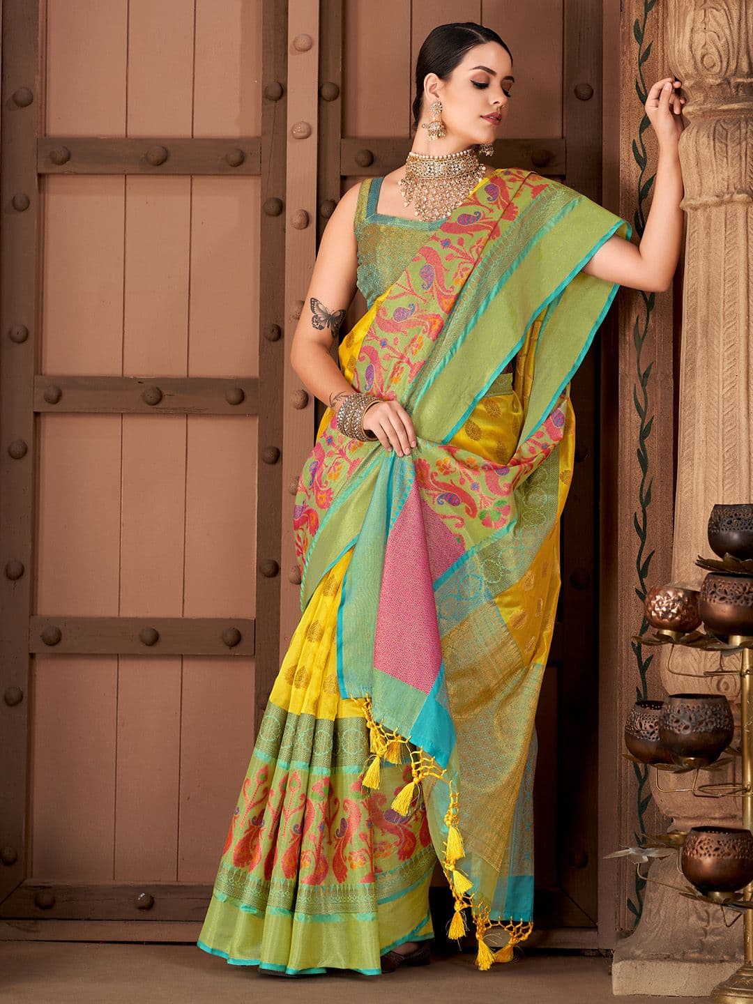 Silk Land Yellow & Turquoise Blue Ethnic Motifs Zari Art Silk Banarasi Saree - view 1