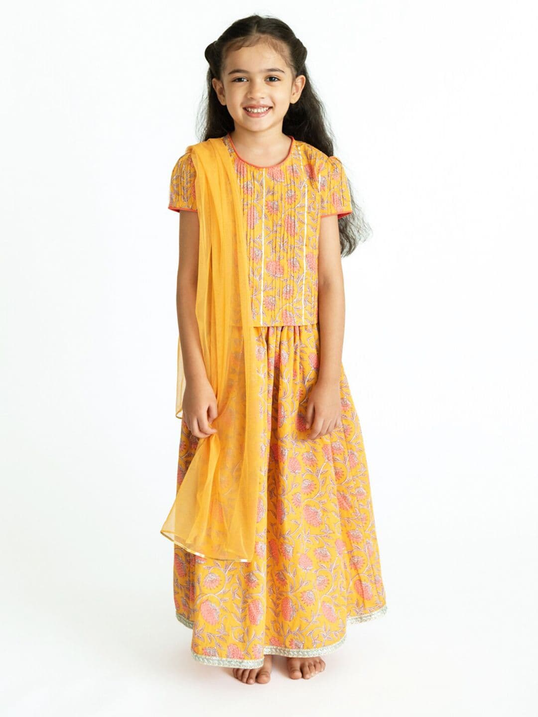 Campana Girls Yellow & Grey Printed Ready to Wear Lehenga & Blouse With Dupatta - view 1