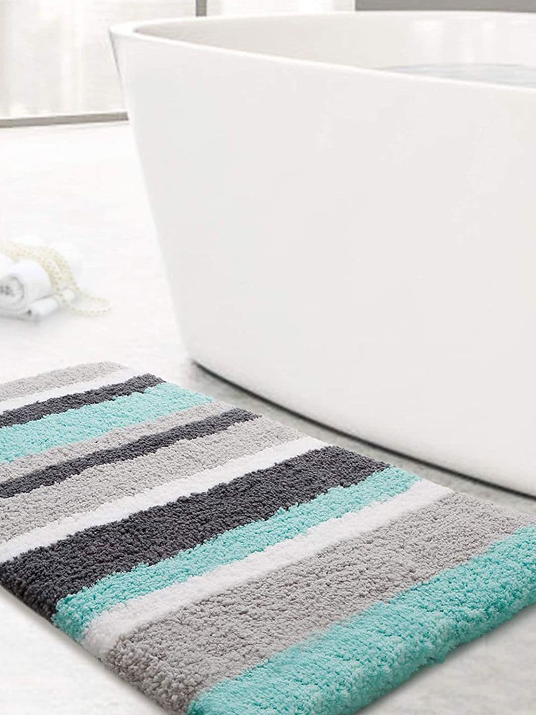 LUXEHOME INTERNATIONAL Turquoise Blue & Grey Striped 2400 GSM Bath Rugs - view 1