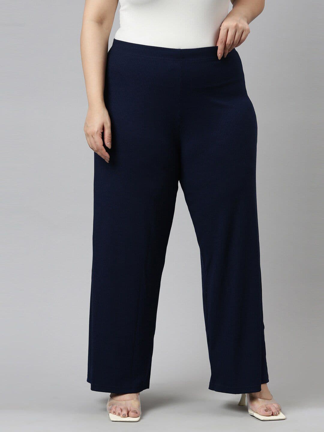 Go Colors Women Navy Blue Knitted Palazzos - view 1