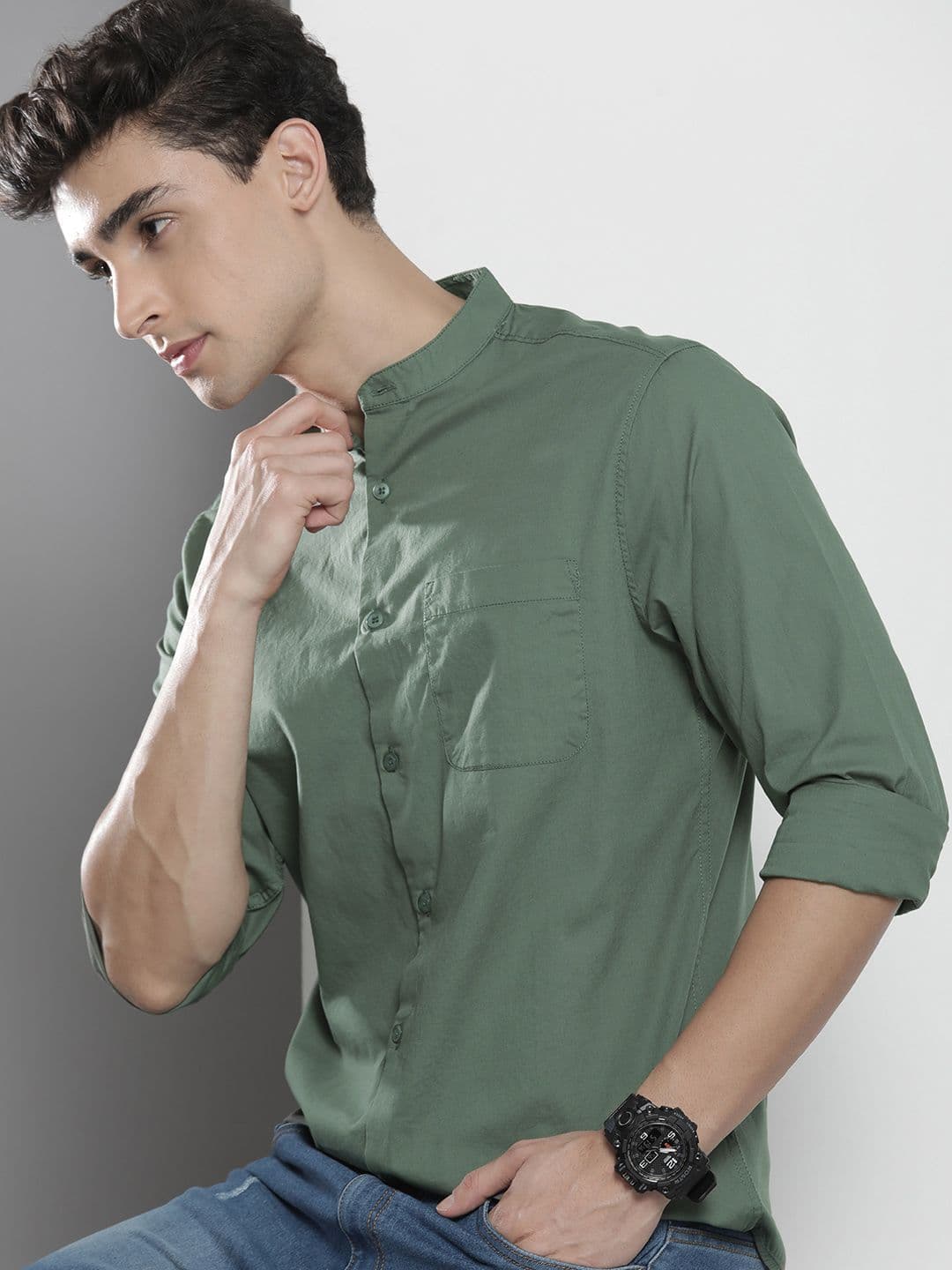 The Indian Garage Co Men Olive Green Solid Casual Shirt - view 1