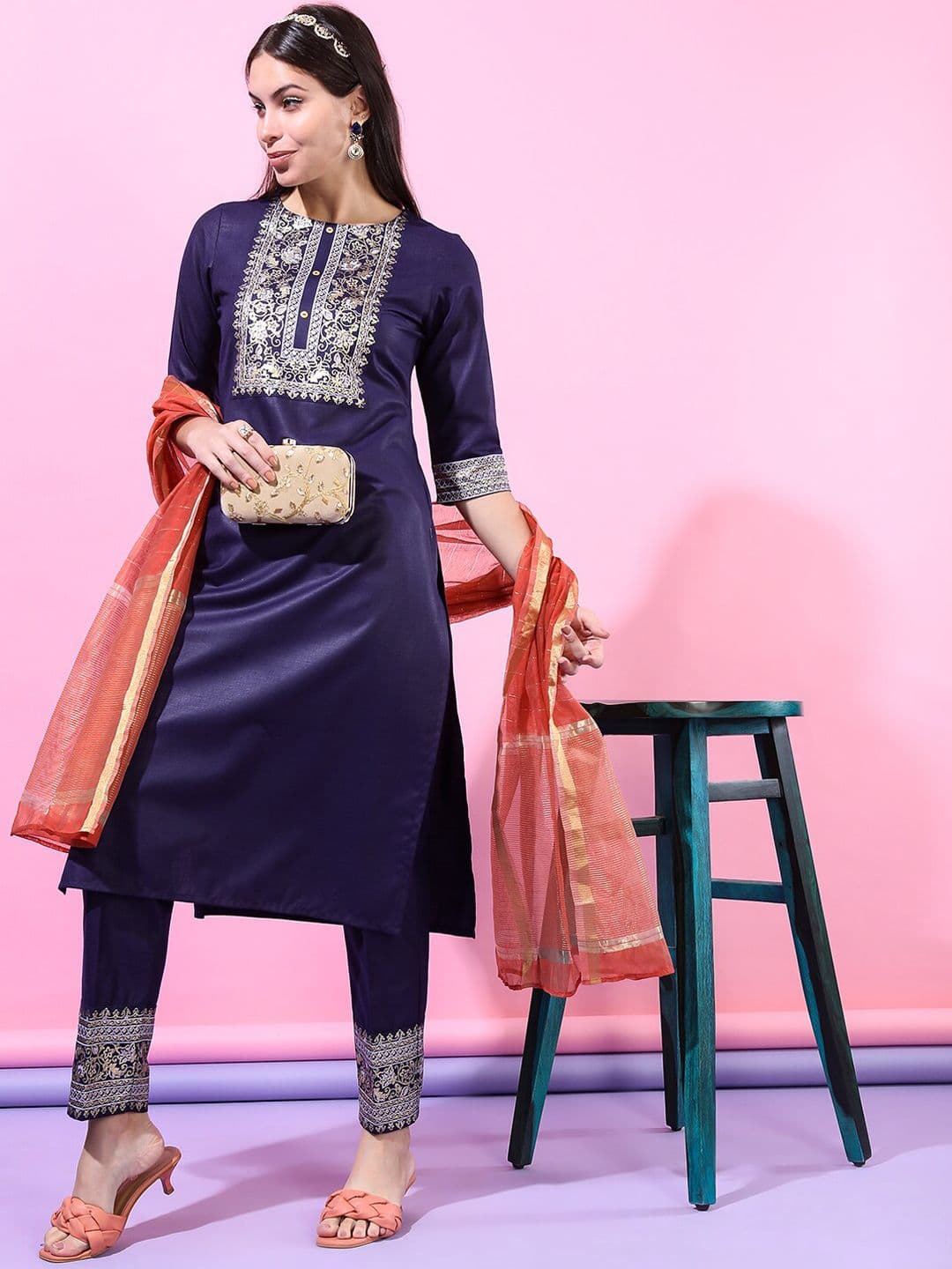 Vishudh Women Purple Straight Kurti With Trousers & With Dupatta - view 1