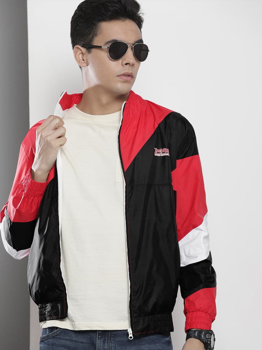 The Indian Garage Co Men Red & Black Colourblocked Outdoor Windcheater Tailored Jacket - view 1