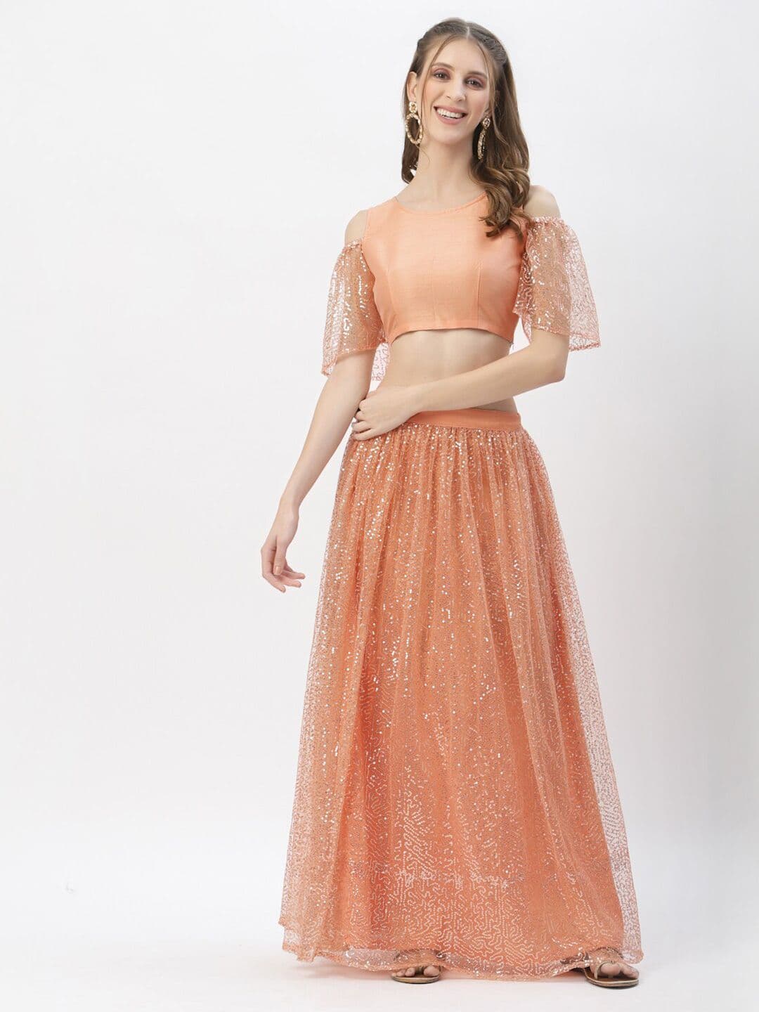 studio rasa Peach-Coloured Embroidered Sequinned Ready to Wear Lehenga & Choli - view 1