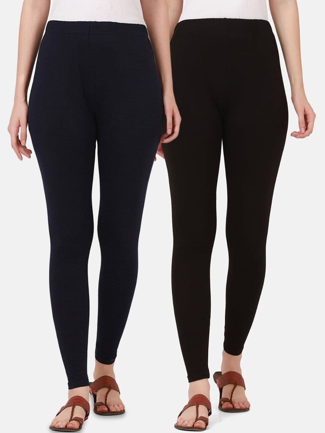 BUY NEW TREND Women Pack Of 2 Blue & Black Solid Pure Cotton Ankle Length Leggings - view 1