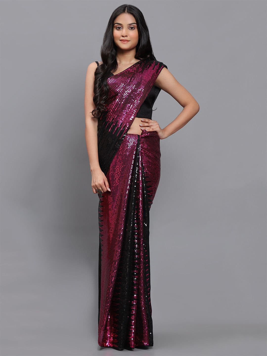 3BUDDY FASHION Purple & Black Embellished Sequinned Dharmavaram Saree - view 1