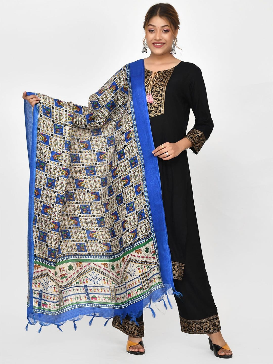 Kesarya Blue & White Ethnic Motifs Printed Cotton Silk Kalamkari Dupatta - view 1