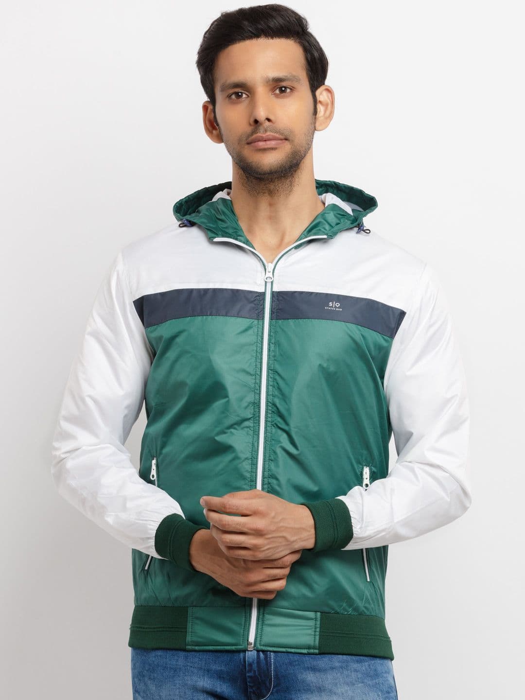 Status Quo Men Green White Colourblocked Padded Hooded Jacket - view 1