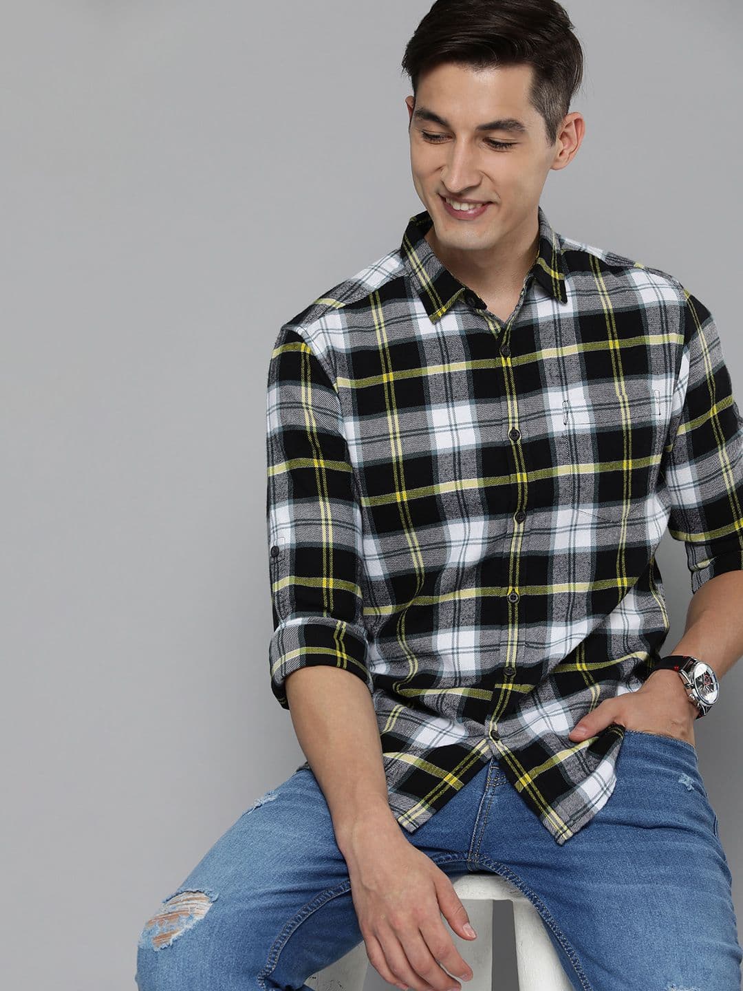 HERE&NOW Men Black Slim Fit Tartan Checks Casual Shirt - view 1