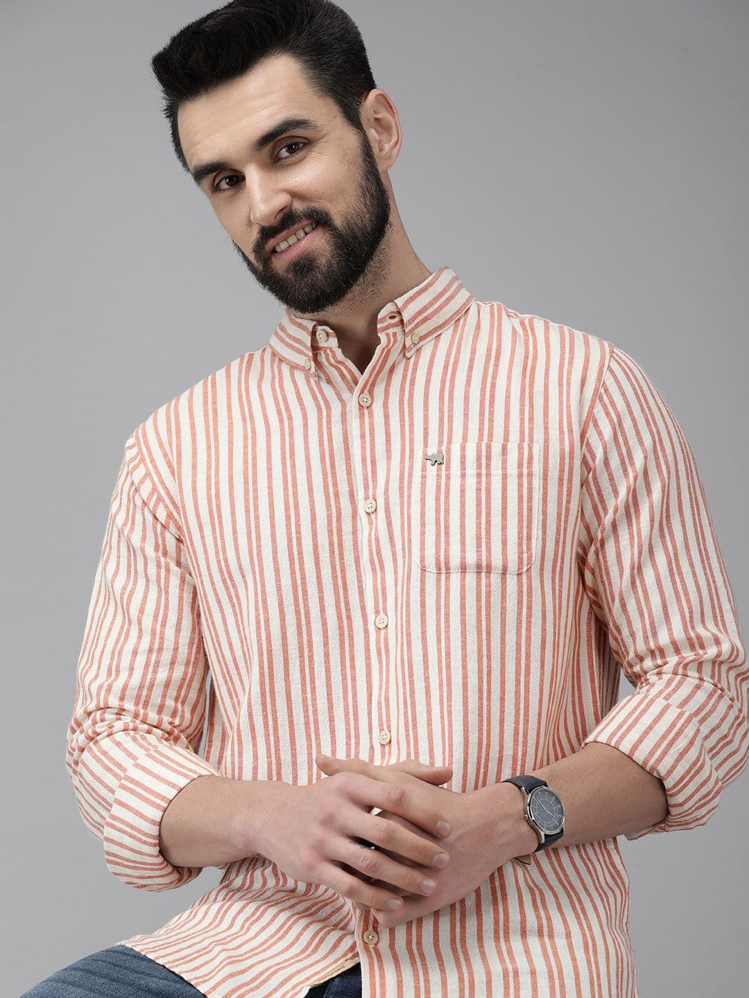 THE BEAR HOUSE Men Off White & Orange Slim Fit Striped Linen Cotton Casual Shirt - view 1