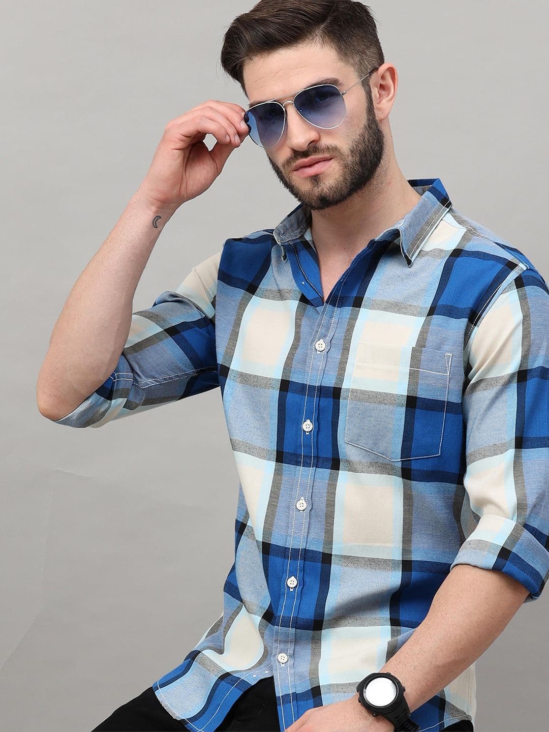 HERE&NOW Men Blue Slim Fit Tartan Checks Checked Casual Shirt - view 1