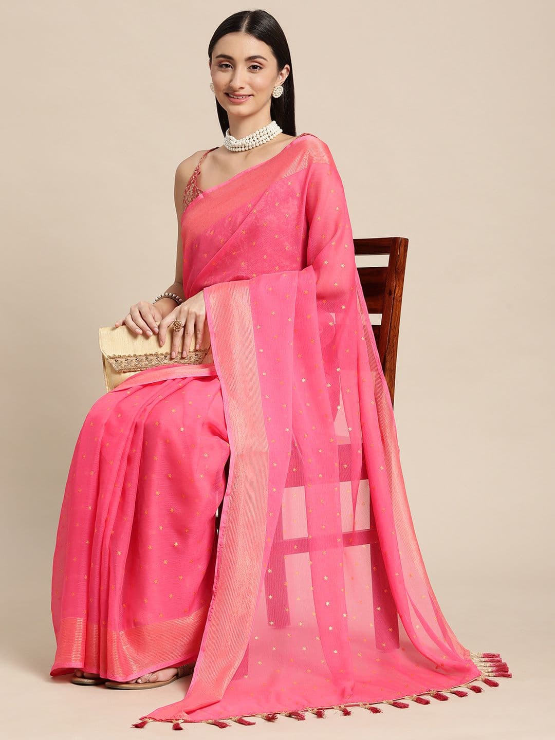 Mitera Pink & Gold-Toned Floral Zari Pure Chiffon Saree - view 1