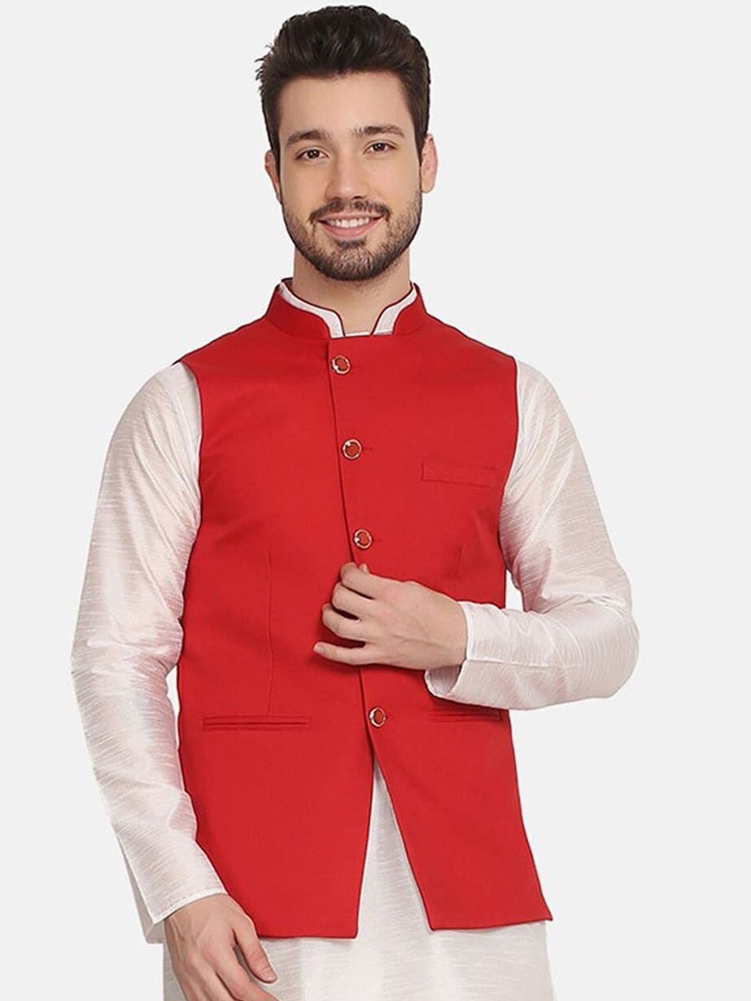 TAHVO Men Red Solid Woven Nehru Jackets - view 1