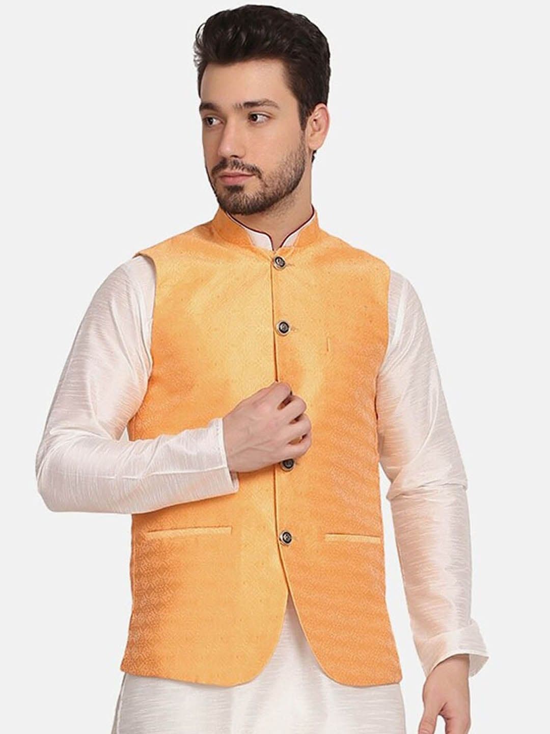 TAHVO Men Peach-Coloured Solid Silk Nehru Jacket - view 1