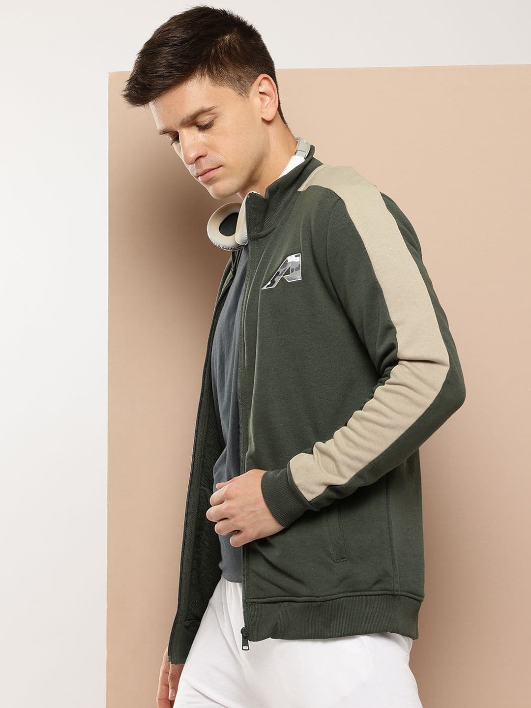 Alcis Men Olive Green Solid Bomber Jacket with Applique Detail - view 1