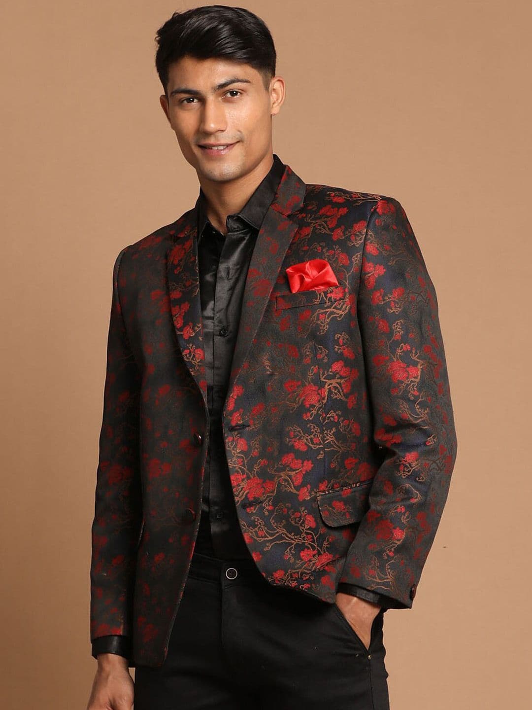 VASTRAMAY Men Maroon Self-Design Single-Breasted Blazers - view 1