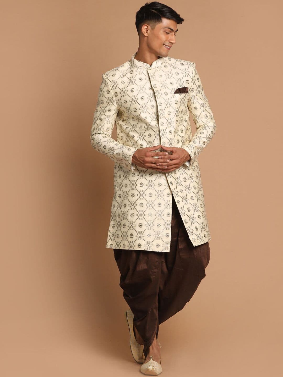 VASTRAMAY Men Beige & Brown Sherwani Set