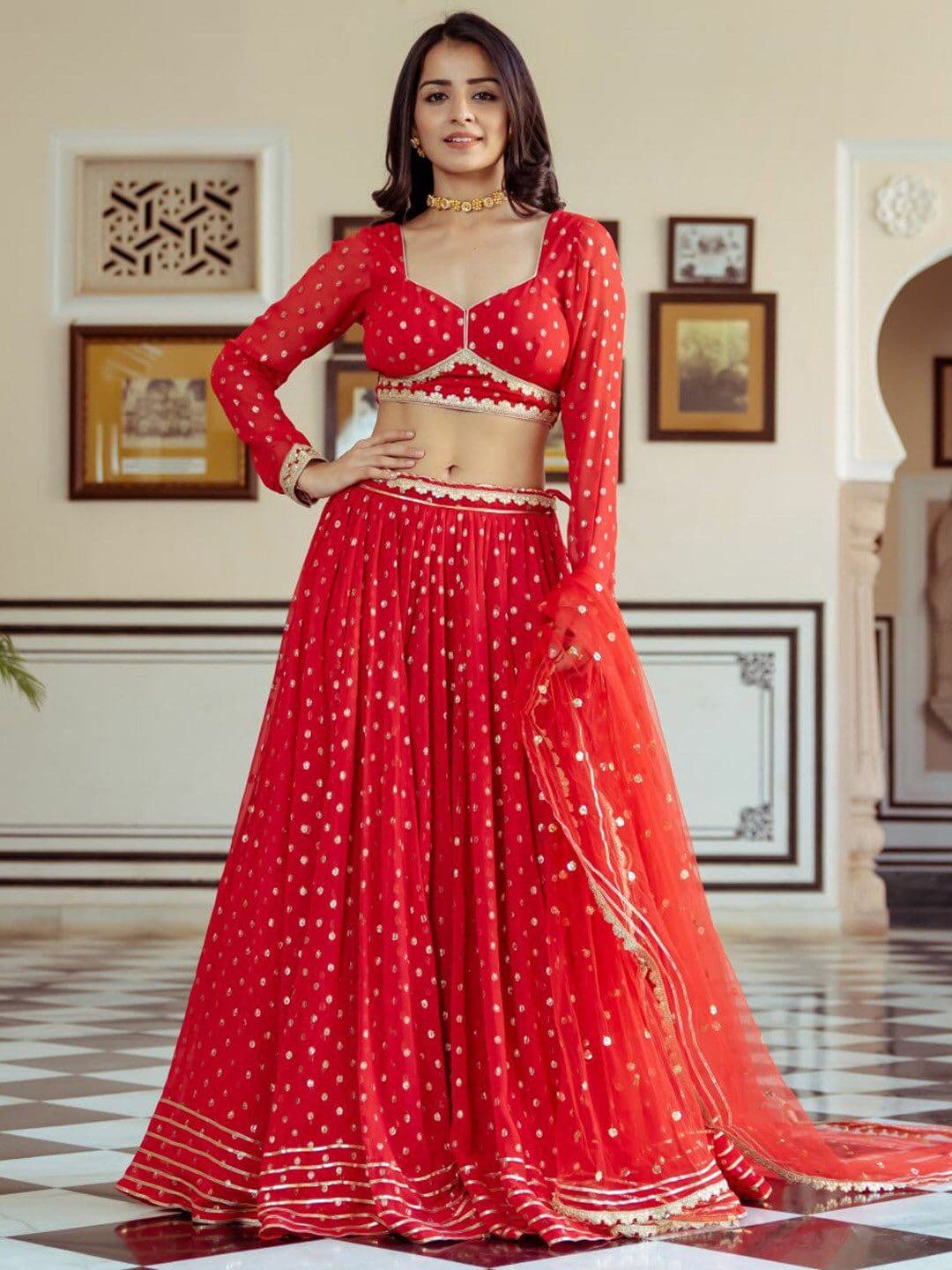 Lavanya The Label Red & Gold-Toned Ready to Wear Lehenga & Blouse With Dupatta - view 1