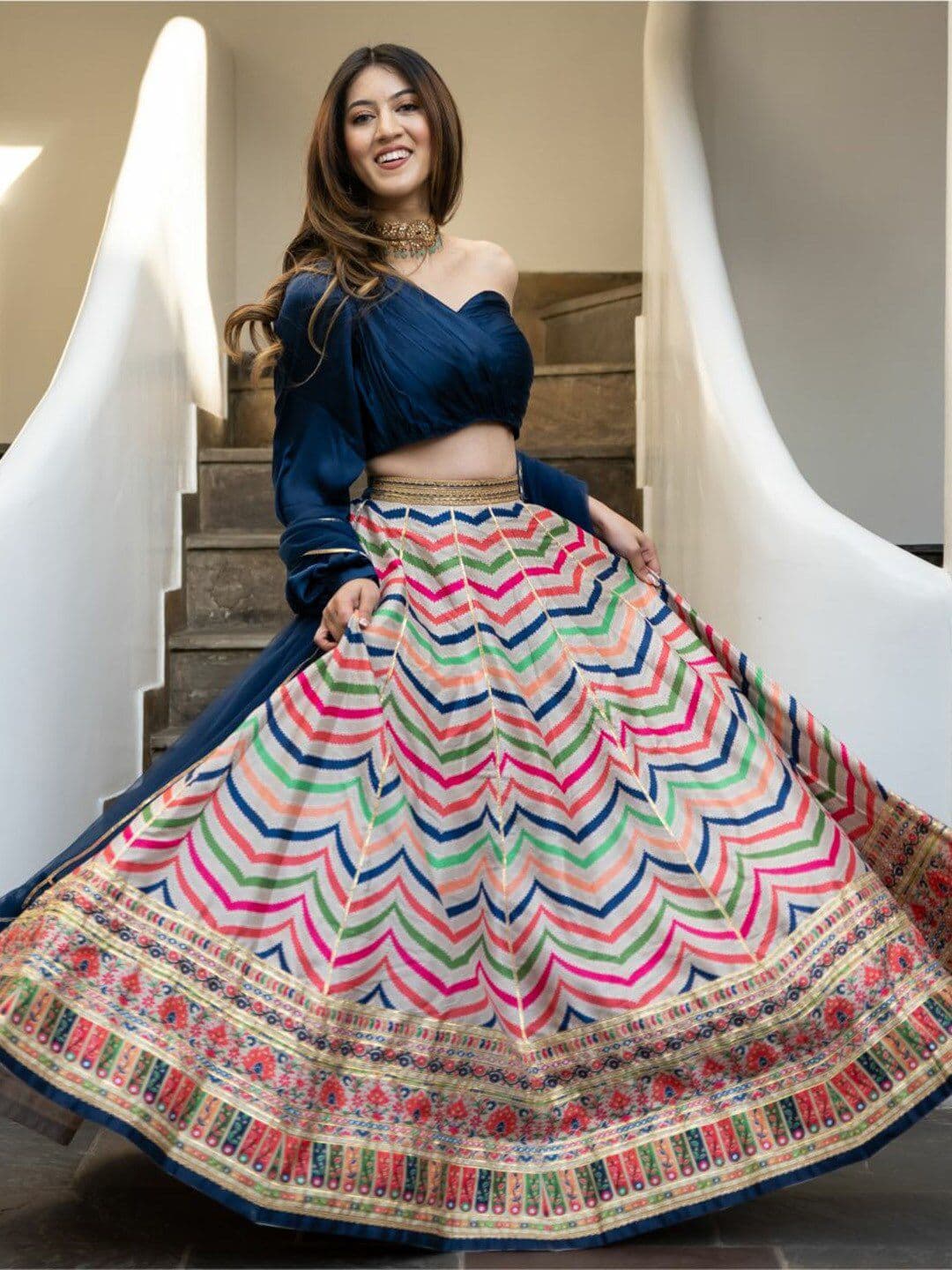Lavanya The Label Multicoloured & Blue Ready to Wear Lehenga & Blouse With Dupatta - view 1