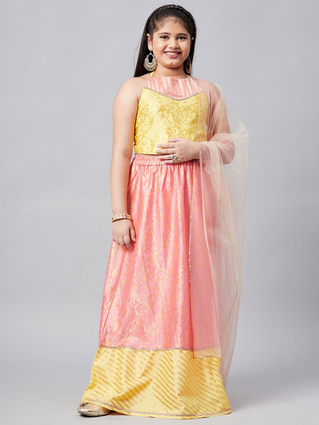 StyloBug Girls Yellow & Pink Printed Layered Ready to Wear Lehenga & Blouse With Dupatta - view 1