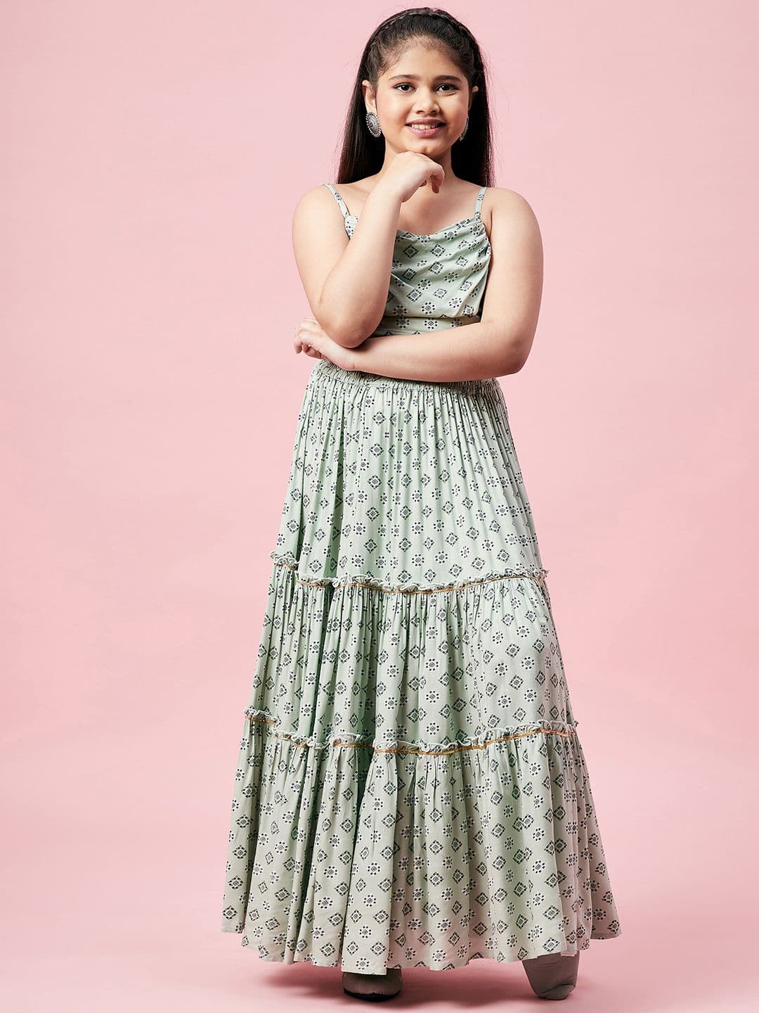 StyloBug Girls Green & Black Printed Layered Ready to Wear Pure Cotton Lehenga & Blouse - view 1
