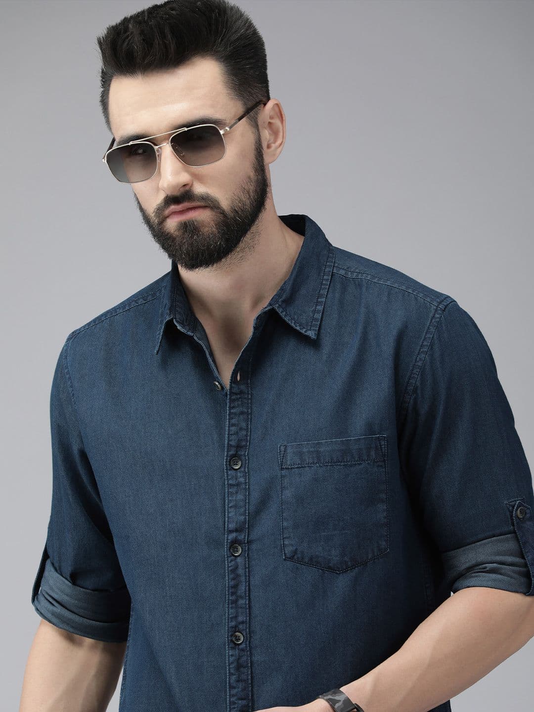 Roadster Men Navy Blue Pure Cotton Solid Casual Shirt - view 1