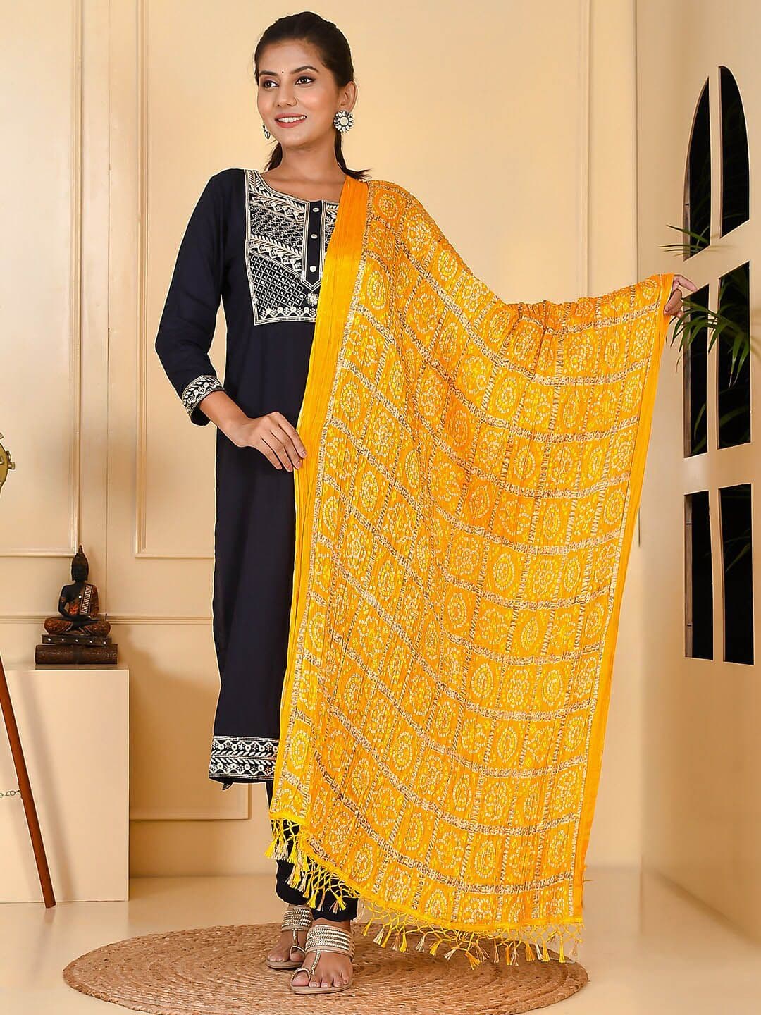 Kesarya Yellow & Gold-Toned Dyed Bandhani Dupatta - view 1