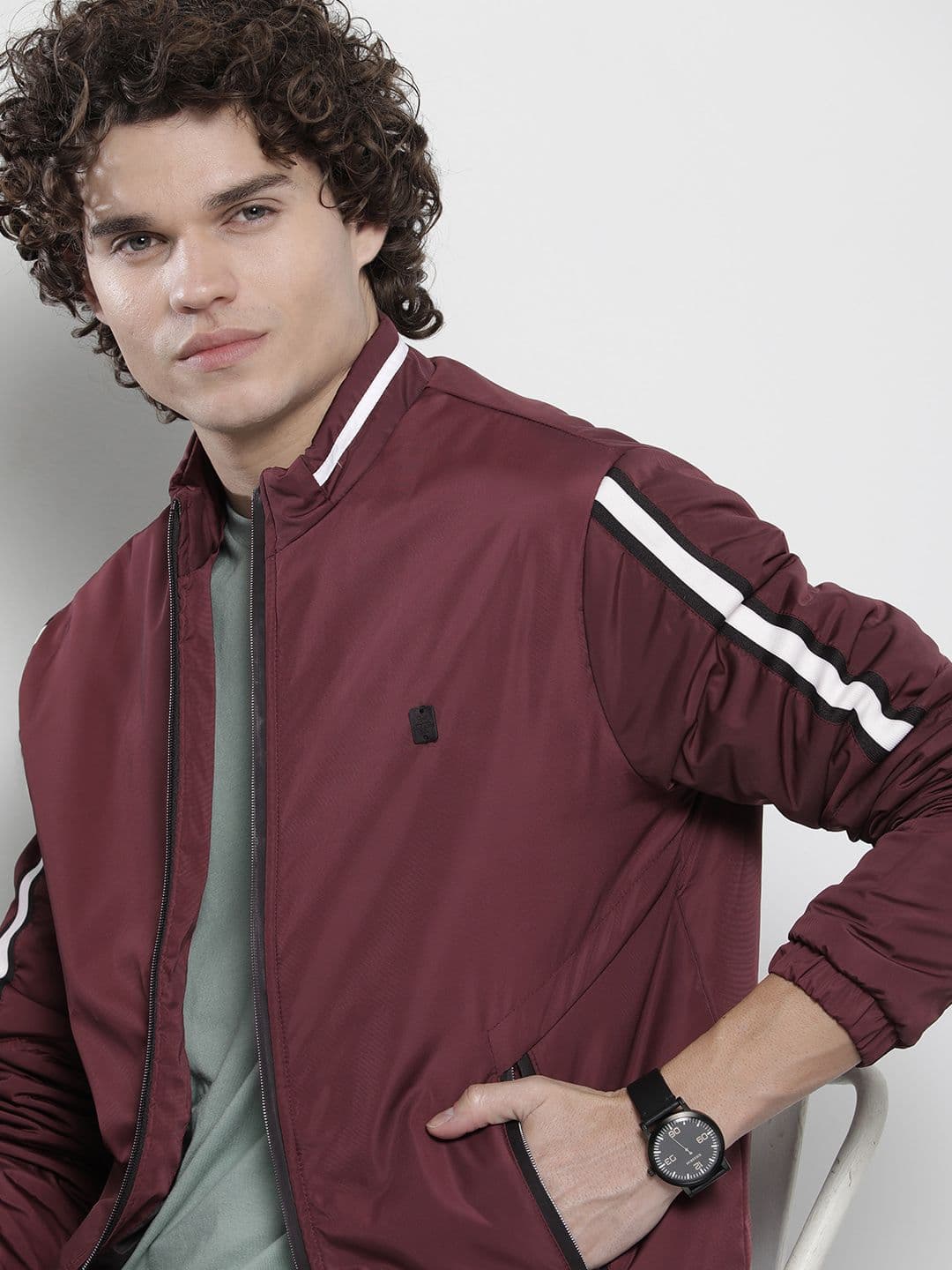 The Indian Garage Co Men Maroon & White Striped Sporty Jacket - view 1