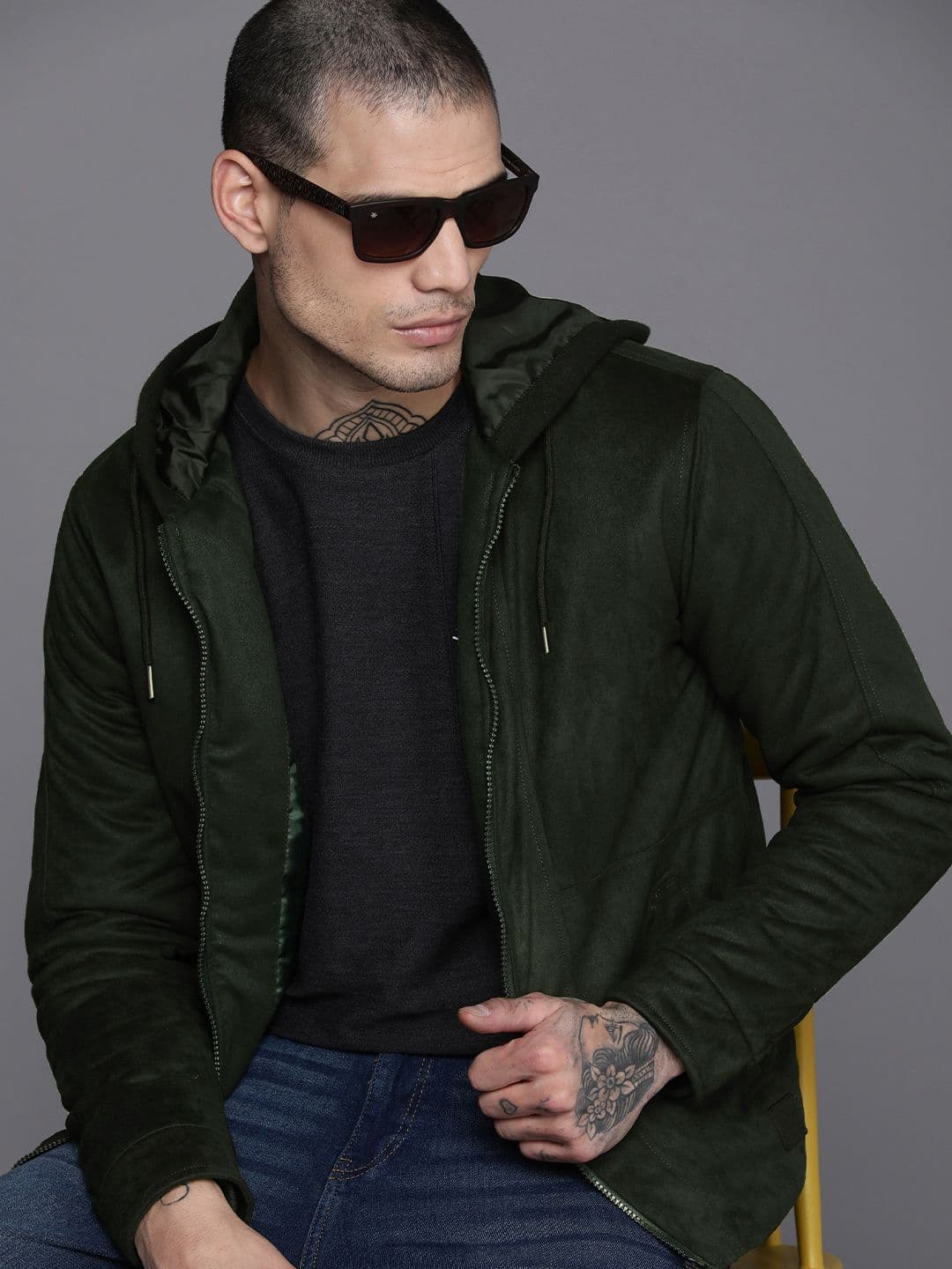 WROGN Men Olive Green Solid Hooded Tailored Jacket - view 1