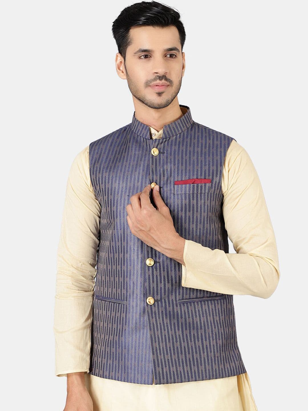Wintage Men Blue Woven Design Nehru Jacket - view 1