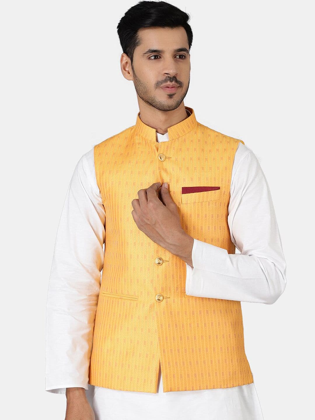 Wintage Men Yellow Woven Design Nehru Jackets - view 1