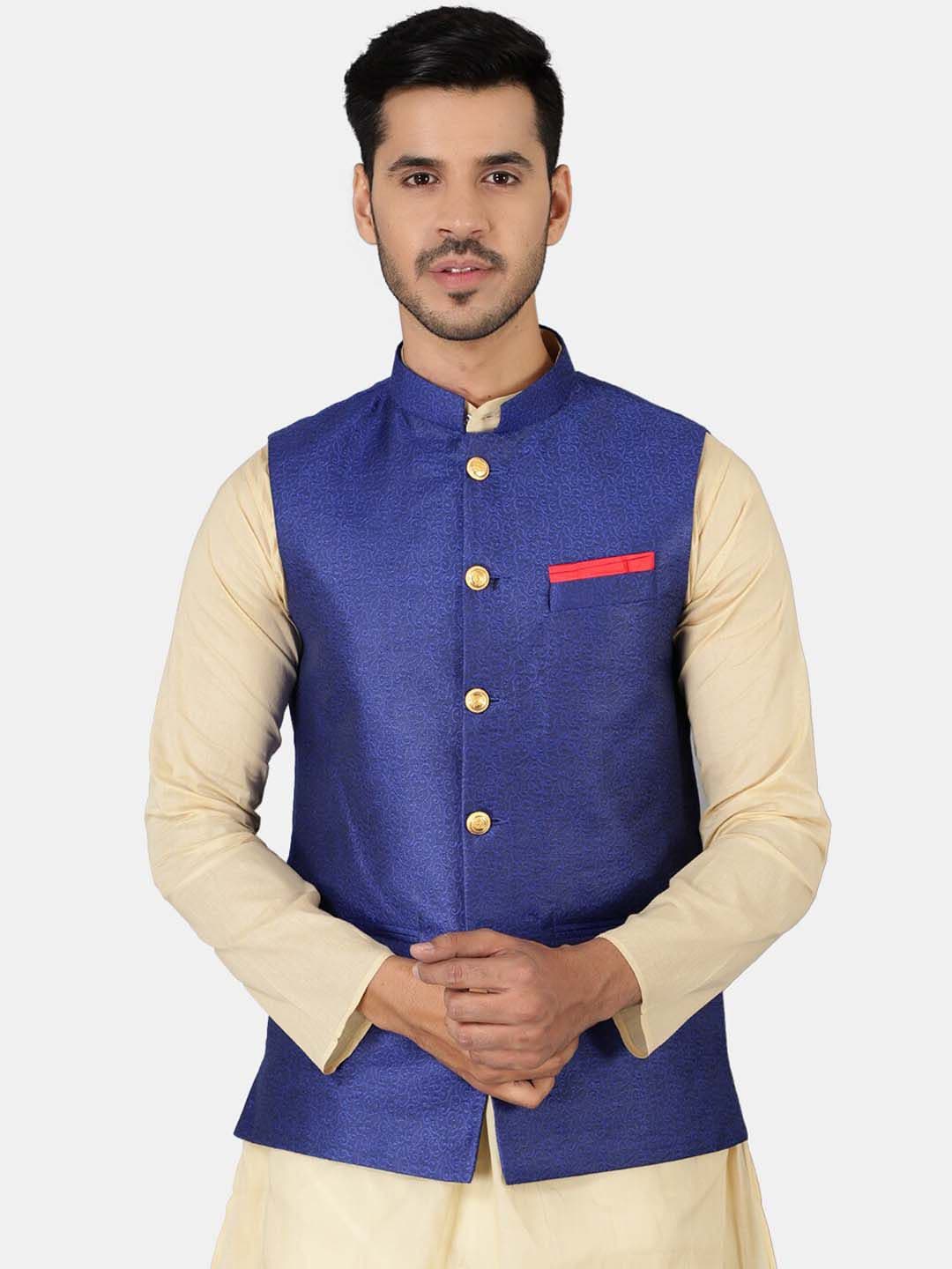 Wintage Men Blue Solid Woven Nehru Jackets - view 1
