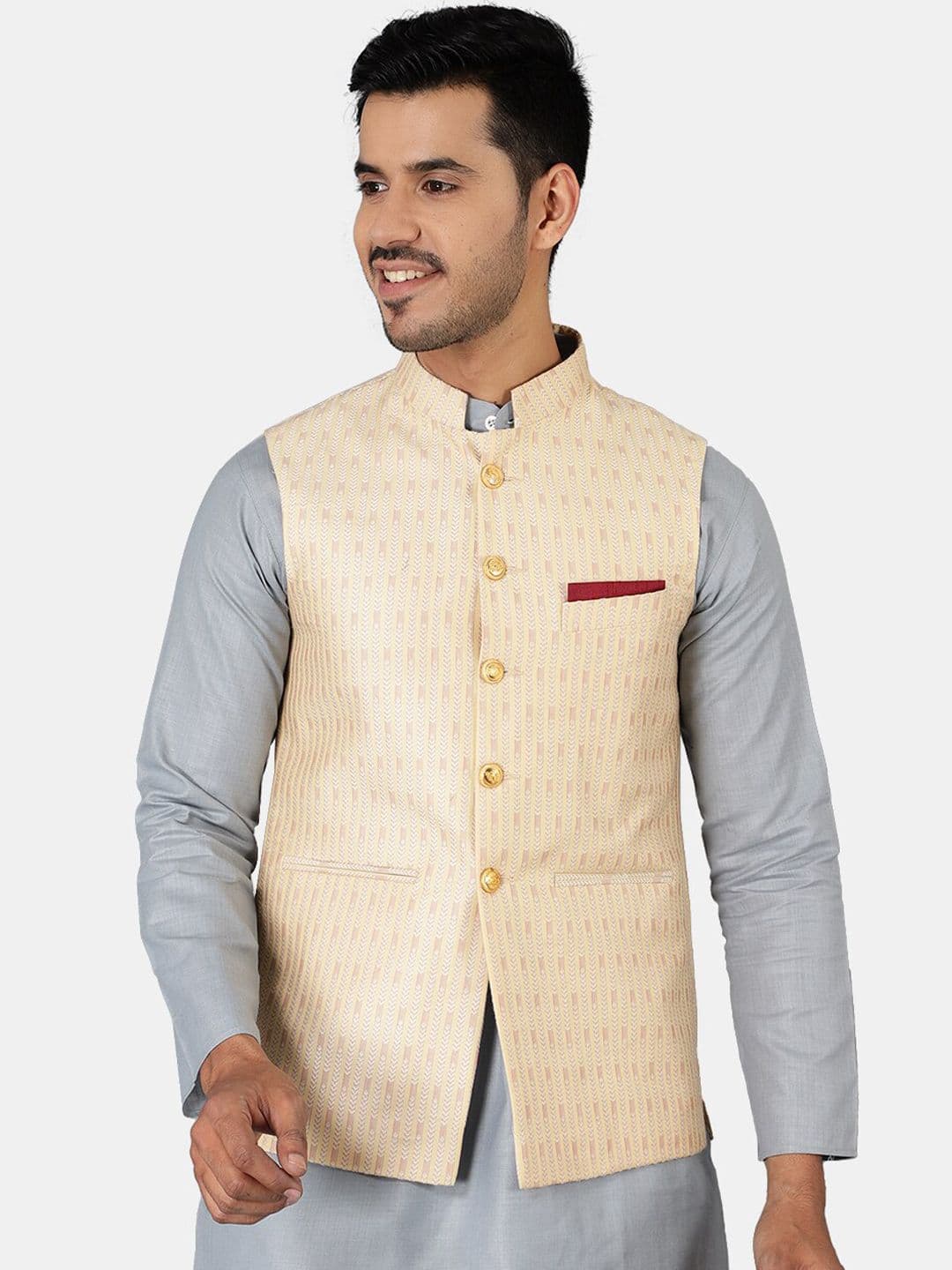Wintage Men Beige Printed Nehru Jackets - view 1