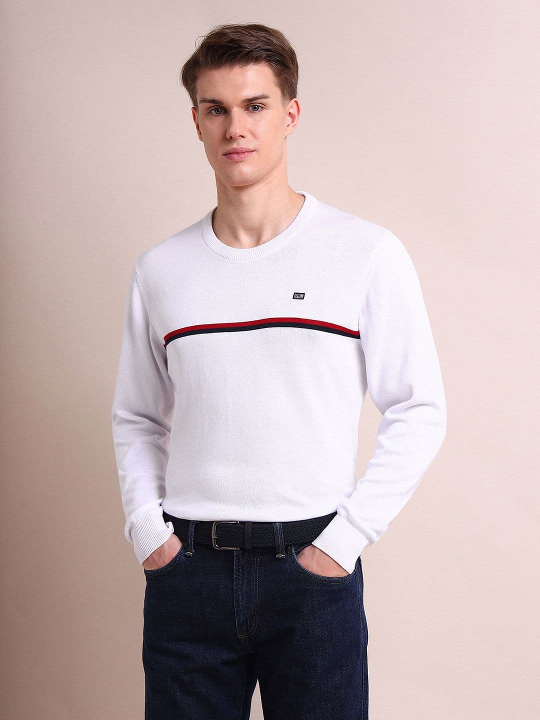 Arrow Sport Men White & Red Striped Round Neck Striped Pullover - view 1