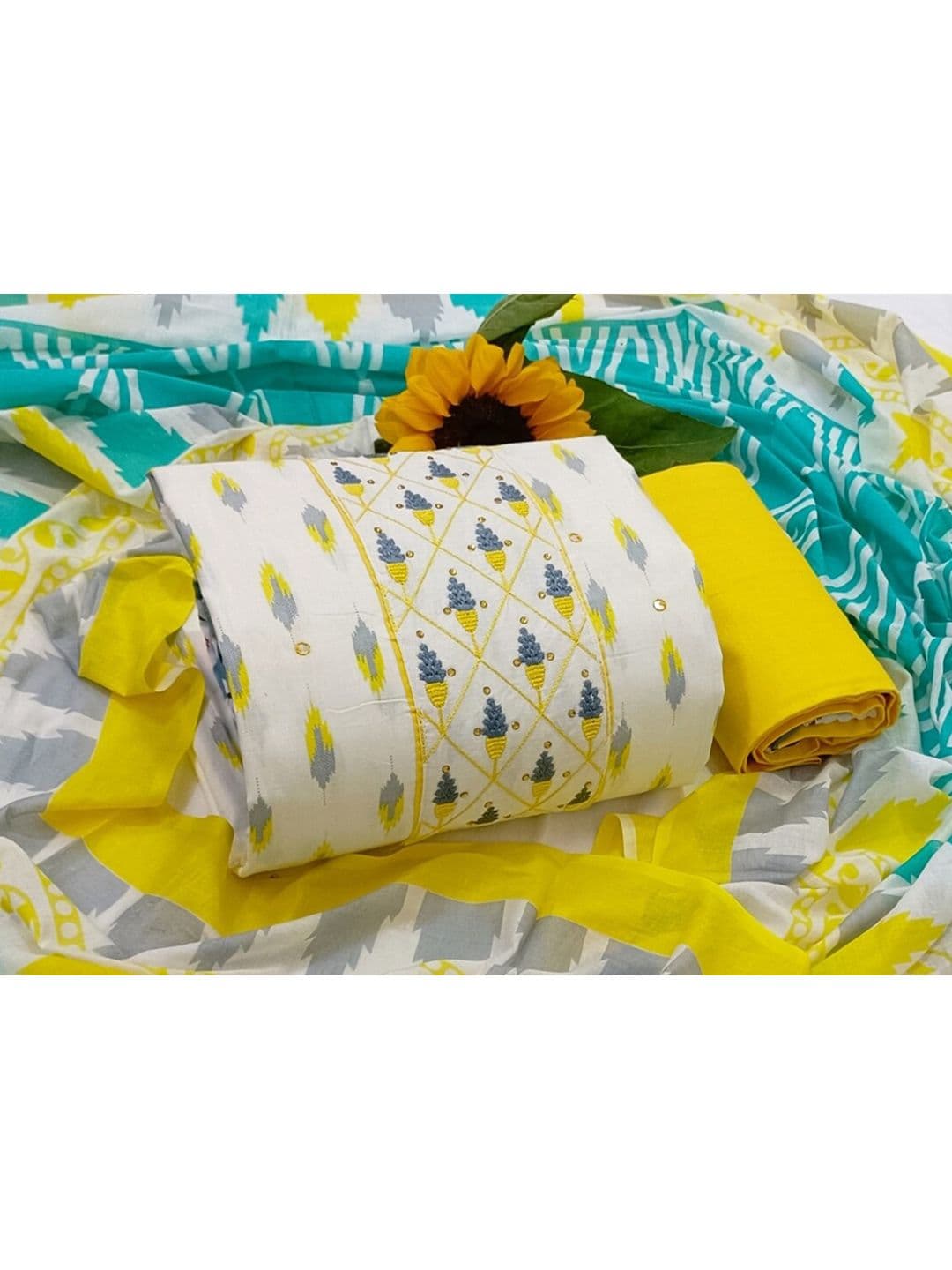 SALWAR STUDIO White & Yellow Printed Pure Cotton Unstitched Dress Material - view 1