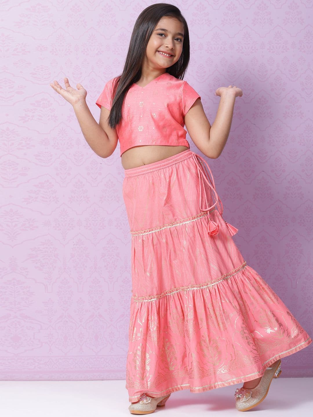 Biba Girls Peach-Coloured & Gold-Toned Printed Ready to Wear Lehenga & Blouse - view 1