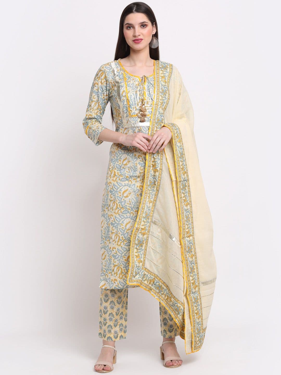 KALINI Women Yellow Ethnic Motifs Printed Pure Cotton Kurta with Trousers & With - view 1