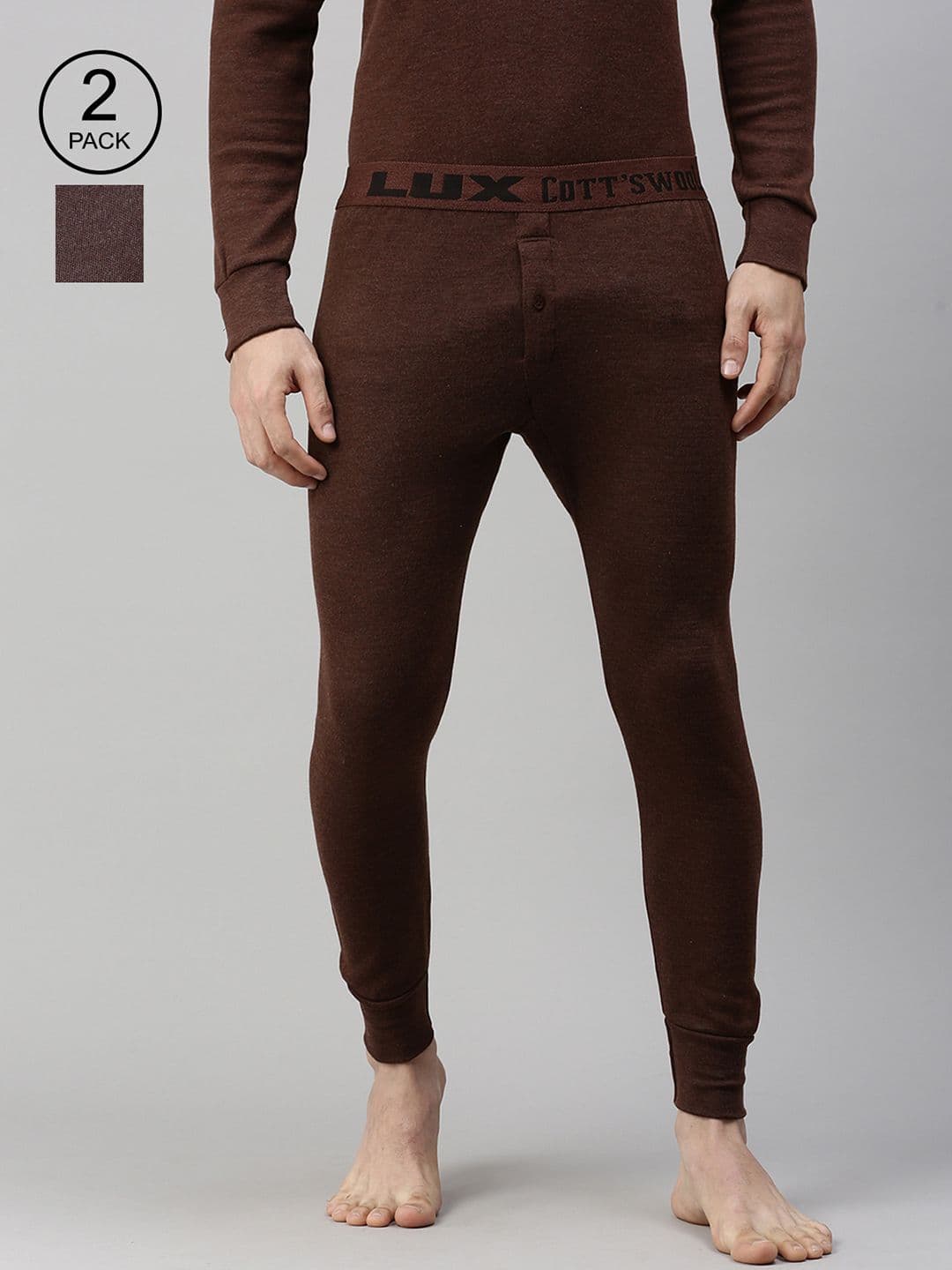 Lux Cottswool Men Pack Of 2 Brown Solid Cotton Thermal Bottoms - view 1