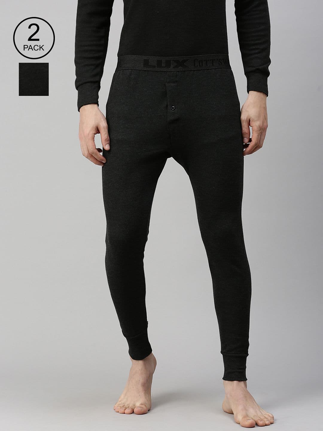 Lux Cottswool Men Pack of 2 Black Solid Cotton Thermal Bottoms - view 1