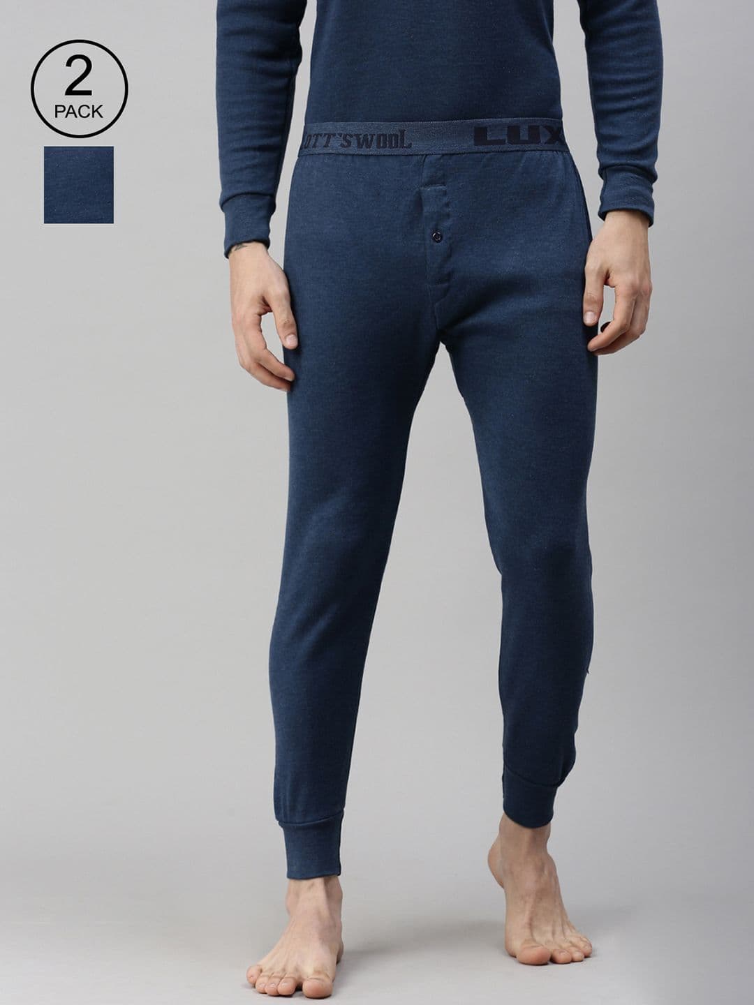 Lux Cottswool Men Pack Of 2 Blue Solid Cotton Thermal Bottoms - view 1