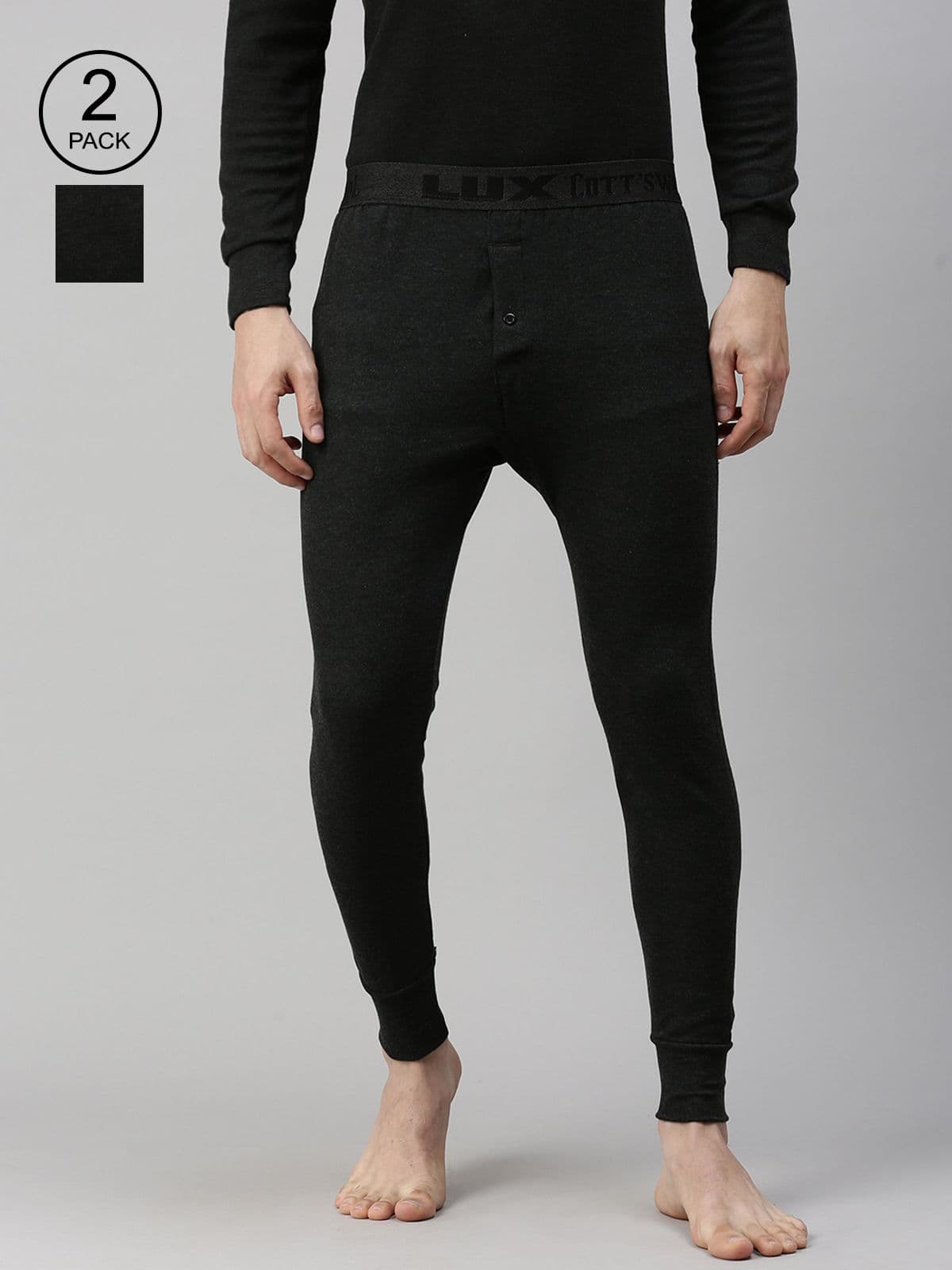 Lux Cottswool Men Pack Of 2 Black Solid Cotton Thermal Bottoms - view 1