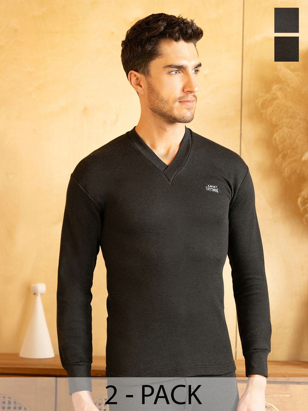 Lux Cottswool Men Pack of 2 Black Solid Thermal Tops - view 1