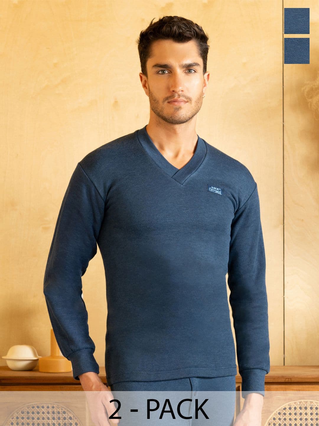Lux Cottswool Men Pack Of 2 Blue Solid Cotton Thermal Tops - view 1