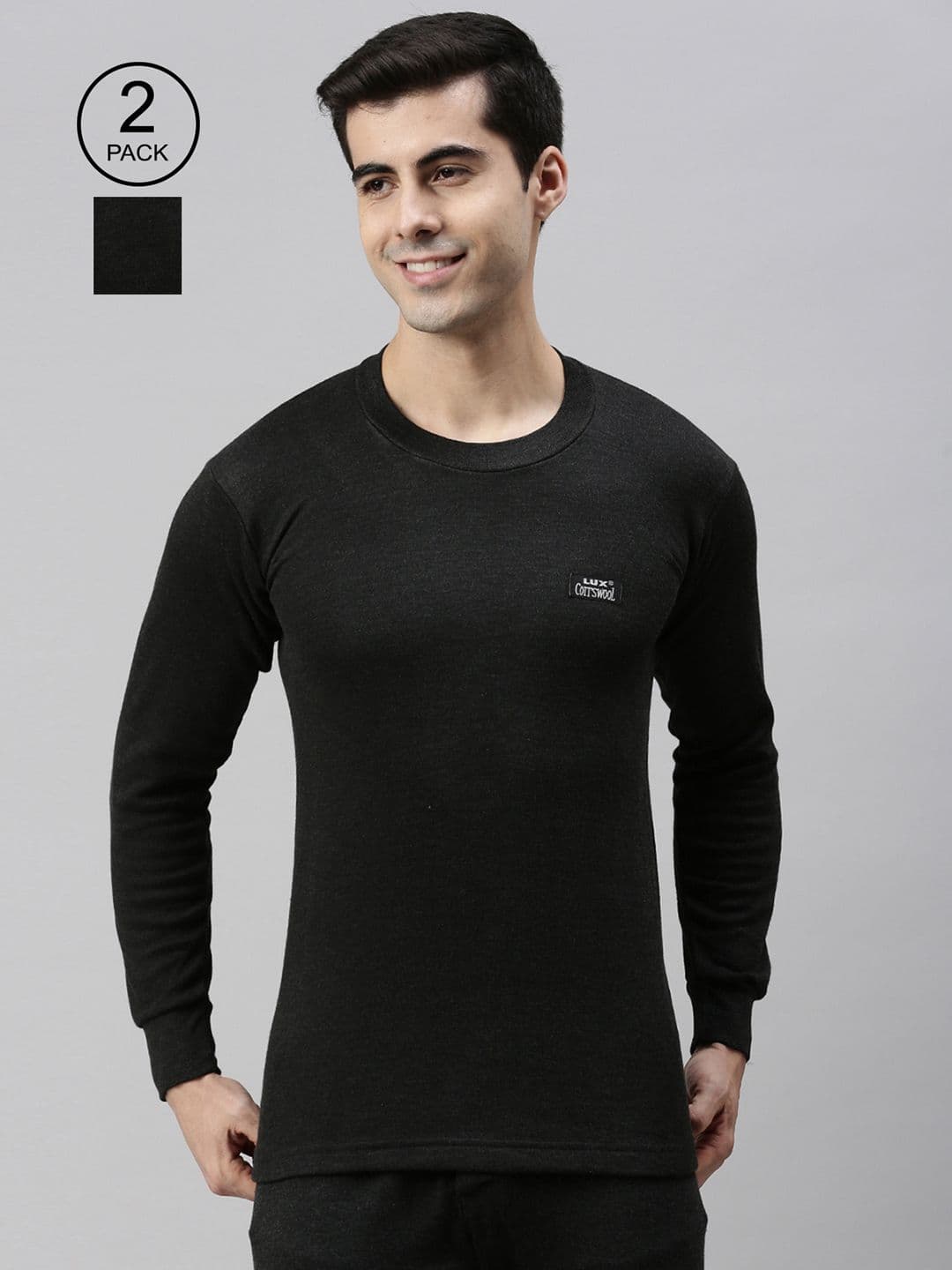 Lux Cottswool Men Pack Of 2 Charcoal Solid Thermal Tops - view 1