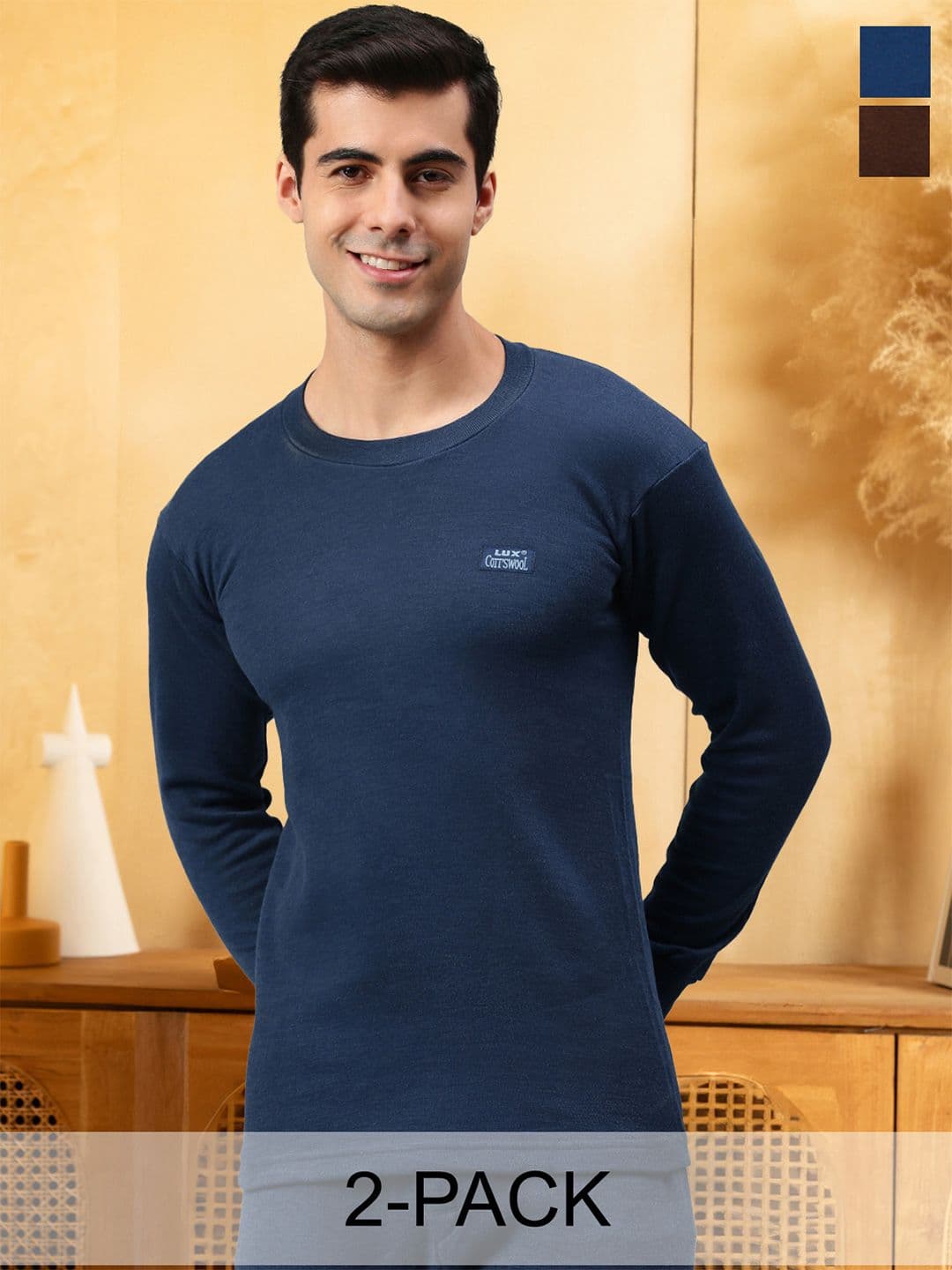 Lux Cottswool Men Pack Of 2 Blue & Brown Solid Slim-Fit Thermal Top - view 1