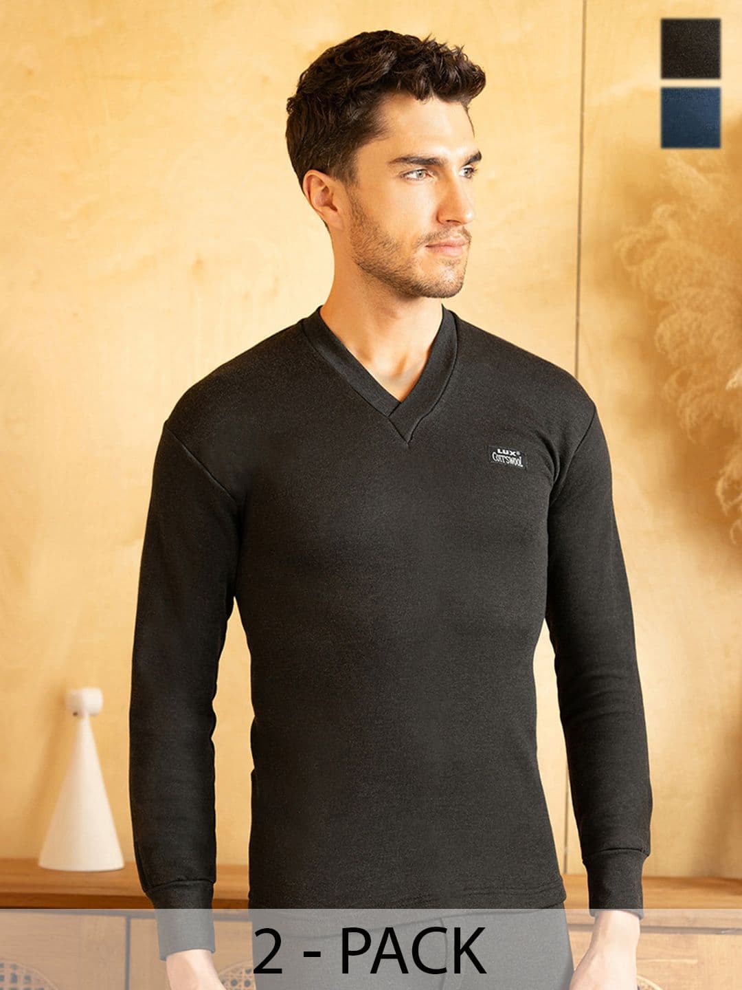 Lux Cottswool Men Pack Of 2 Black & Blue Solid Cotton Thermal Tops - view 1
