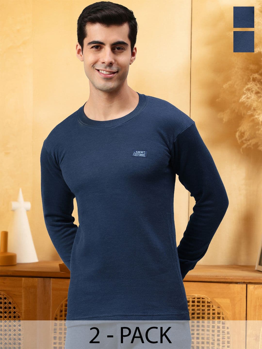 Lux Cottswool Men Pack Of 2 Blue Solid Thermal Top - view 1